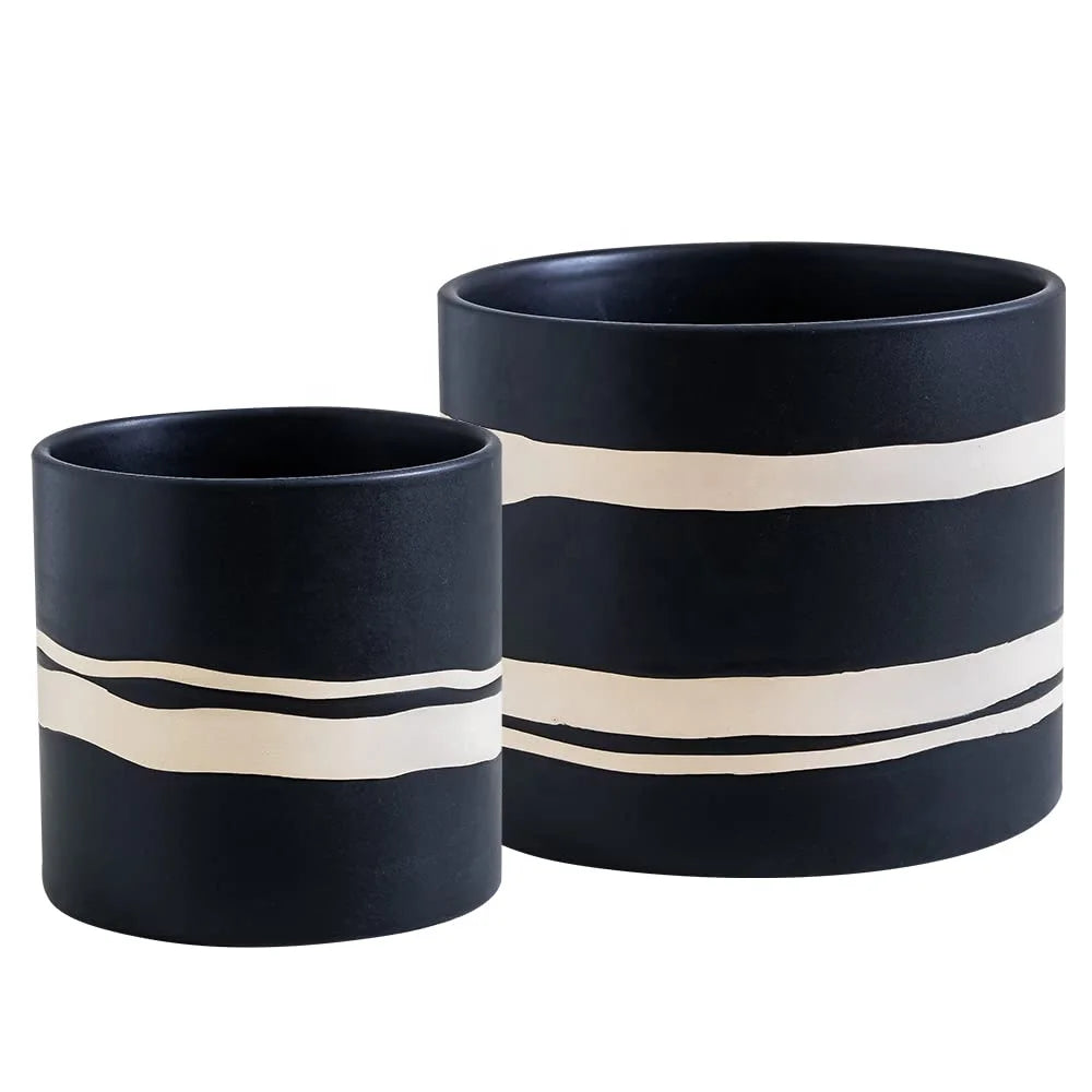 Matt Black Ceramic Flower Pot With Artistic Line Pattern Drainage Hole Plant Garden Exquisite Home Decoration