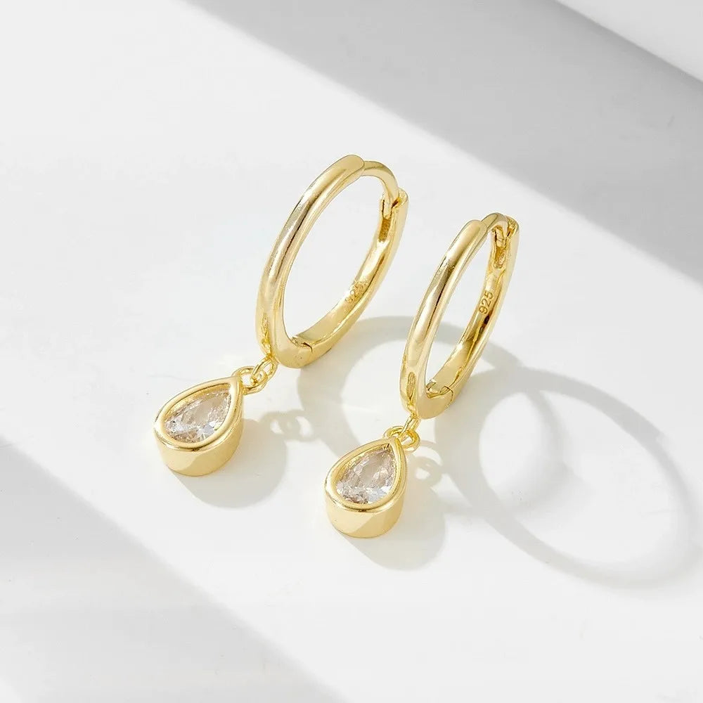 INS Fashion Jewelry 925 Sterling Silver Minimalist Earring Water Drop Diamond Earrings Gold Plated Hoop Earrings Women