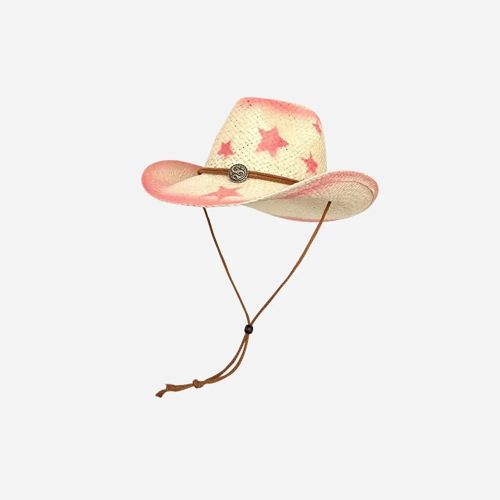 New Five-Pointed Star Beach Panama Cap Western Cowboy Gradient Straw Hat With String