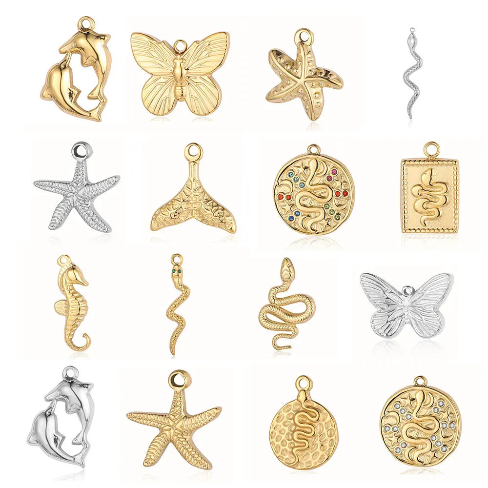 Tarnish Free Waterproof Gold Plated PVD Jewelry Snake Sea Horse Starfish Dolphin Butterfly Stainless Steel Necklace with Pendant