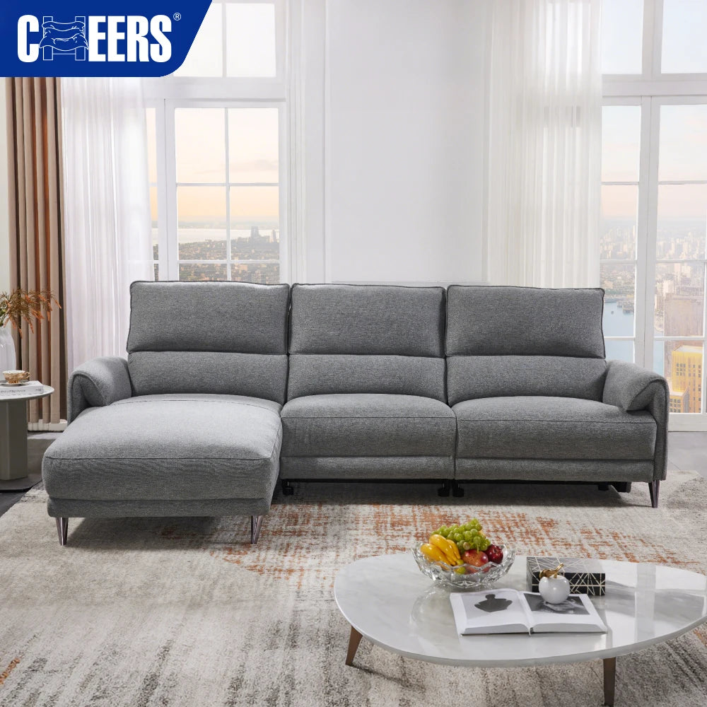MANWAH CHEERS Modern Euro Fabric Living Room Sofa Grey 5-Seater Power Reclining Sectional with Chaise Console for Apartment MegaBDM