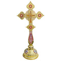 HT 40cm Russian Orthodox Standing Cross Gold Alloy Crucifix with Red Rhinestones Religious Baptism Gift Church Altar Decor