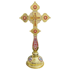 HT 40cm Russian Orthodox Standing Cross Gold Alloy Crucifix with Red Rhinestones Religious Baptism Gift Church Altar Decor