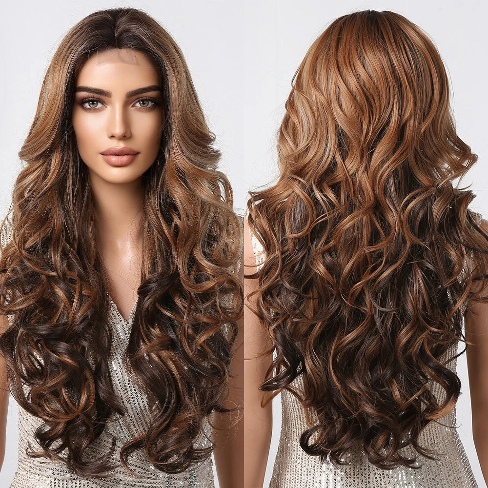 Front Lace Long Brown Highlight Synthetic Wig Natural Hairline Part Lace Wig Ombre Brown Daily Party Hair High Temperature Fiber