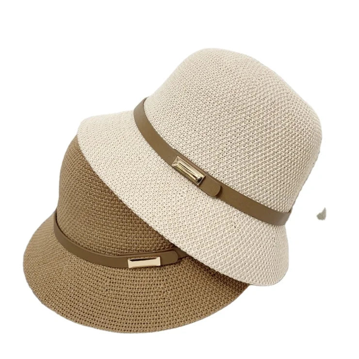 Cotton Linen Panama Hat for Women Summer Beach Straw Hat UV Protection Bob Sun Cap Foldable Strap Belt Women Vacation Bucket Hat