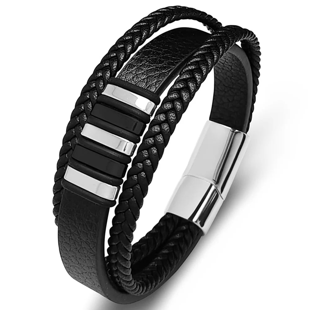 Custom Vintage Engraved Genuine Braided Stainless Steel Bracelet for Men Black Mens Rope Leather Pulsera Hombre Gift