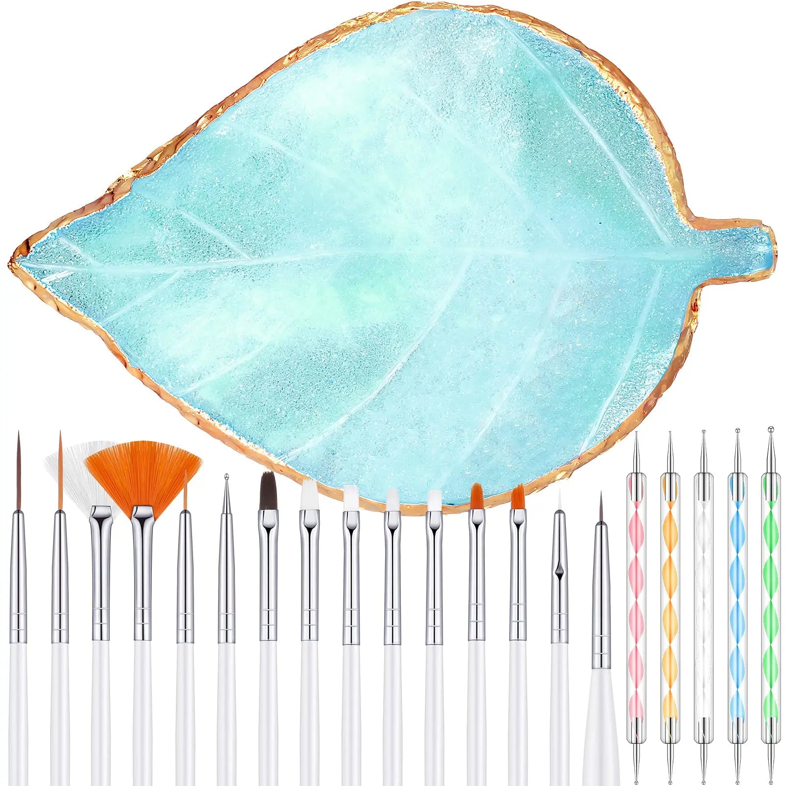 21-Piece Nail Art Brush Tool Kit Aluminum Ferrule Resin Mixing Palette Leaf Shape Design Customizable Color Logo DIY Nail Art