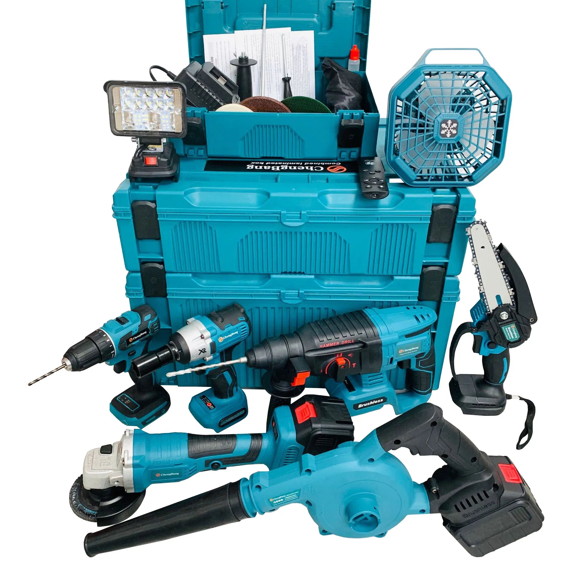 Rechargeable Power Tools Kits Brushless Angle Grinder Hammer Drill Chain Saw Blower Wrench Electric Fan Combination Tool Set