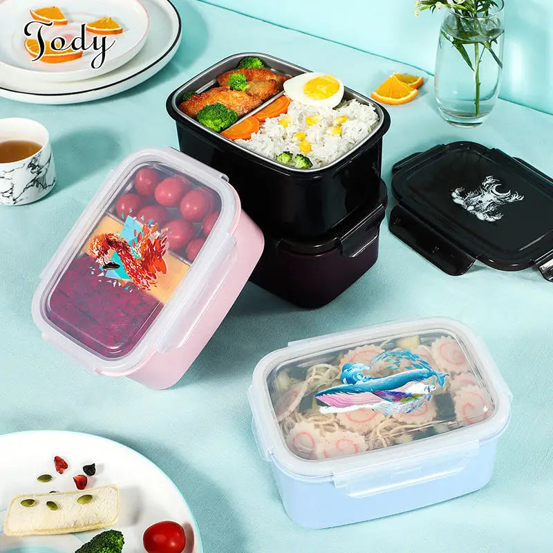 Portable Microwavable Heating Rectangular Plastic Lid Bento Box for Kids