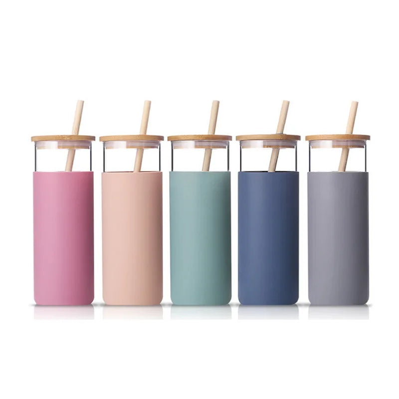 Borosilicate Glass Juice Beverage Water Tumbler Cup with Silicone Sleeve Bamboo Lid and Straw