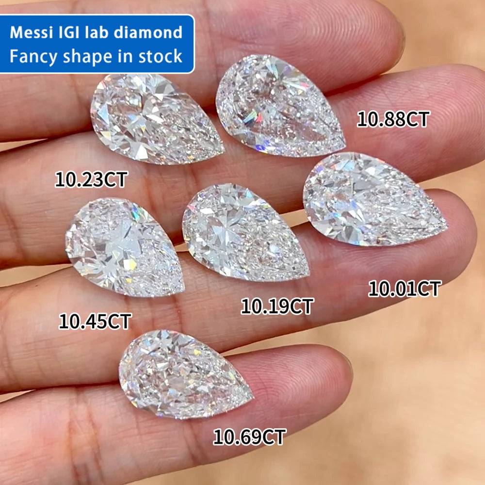 Messi Jewelry 1ct 1.5ct 2ct 2.5ct 3ct 4ct 5ct Pear Lab Diamond IGI Certified Fancy Cut HPHT CVD Pear Shape Lab Grown Diamond