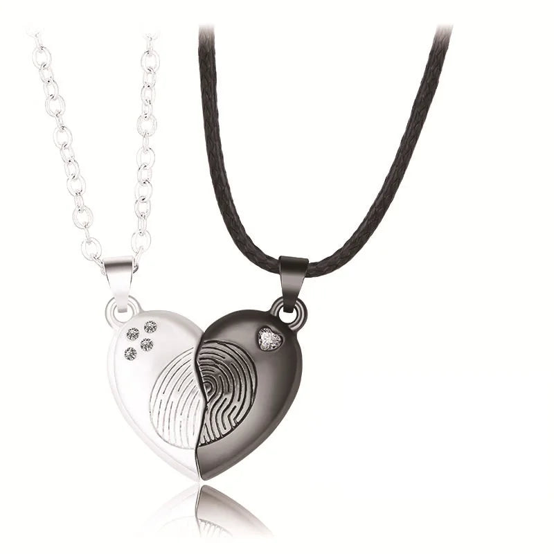 Romantic Couple Jewelry for Lover 18K Gold Fingerprint Stitching Magnetic Heart Pendant Necklace Puzzle Necklace for Men Women