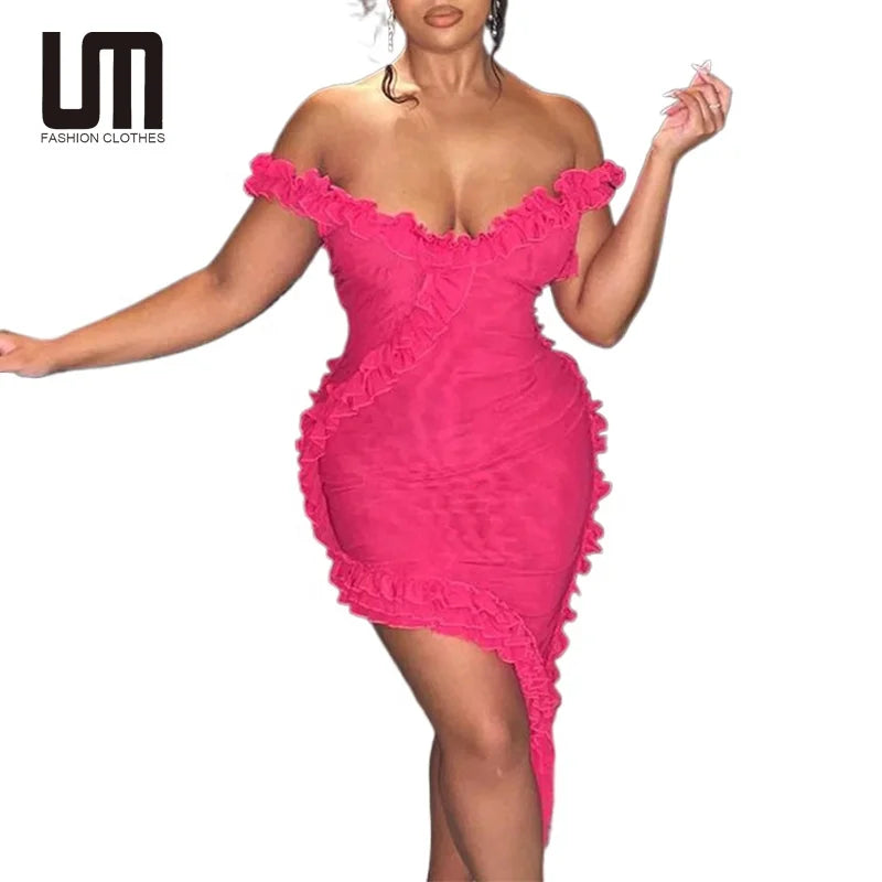 Liu Ming Summer New Sexy V Neck Women Backless High Waist Fashion Ruffles Irregular Bodycon Short Dress
