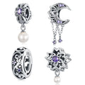 HOT 925 Sterling Silver Vintage Texture Purple Zirconium Pendant Fit Women DIY Bracelet & Bangle Pearl Glossy Pearl Charms