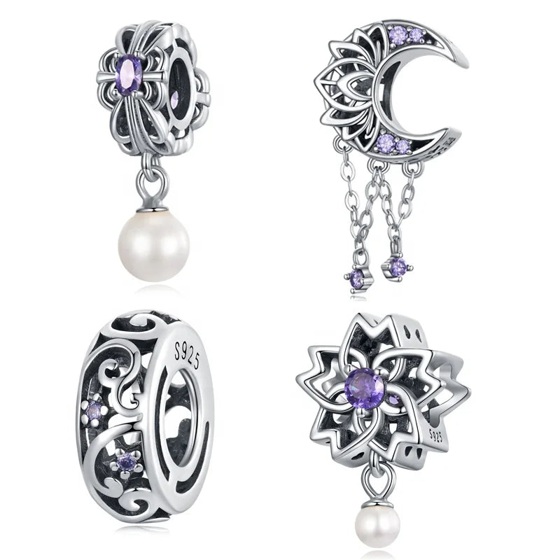 HOT 925 Sterling Silver Vintage Texture Purple Zirconium Pendant Fit Women DIY Bracelet & Bangle Pearl Glossy Pearl Charms