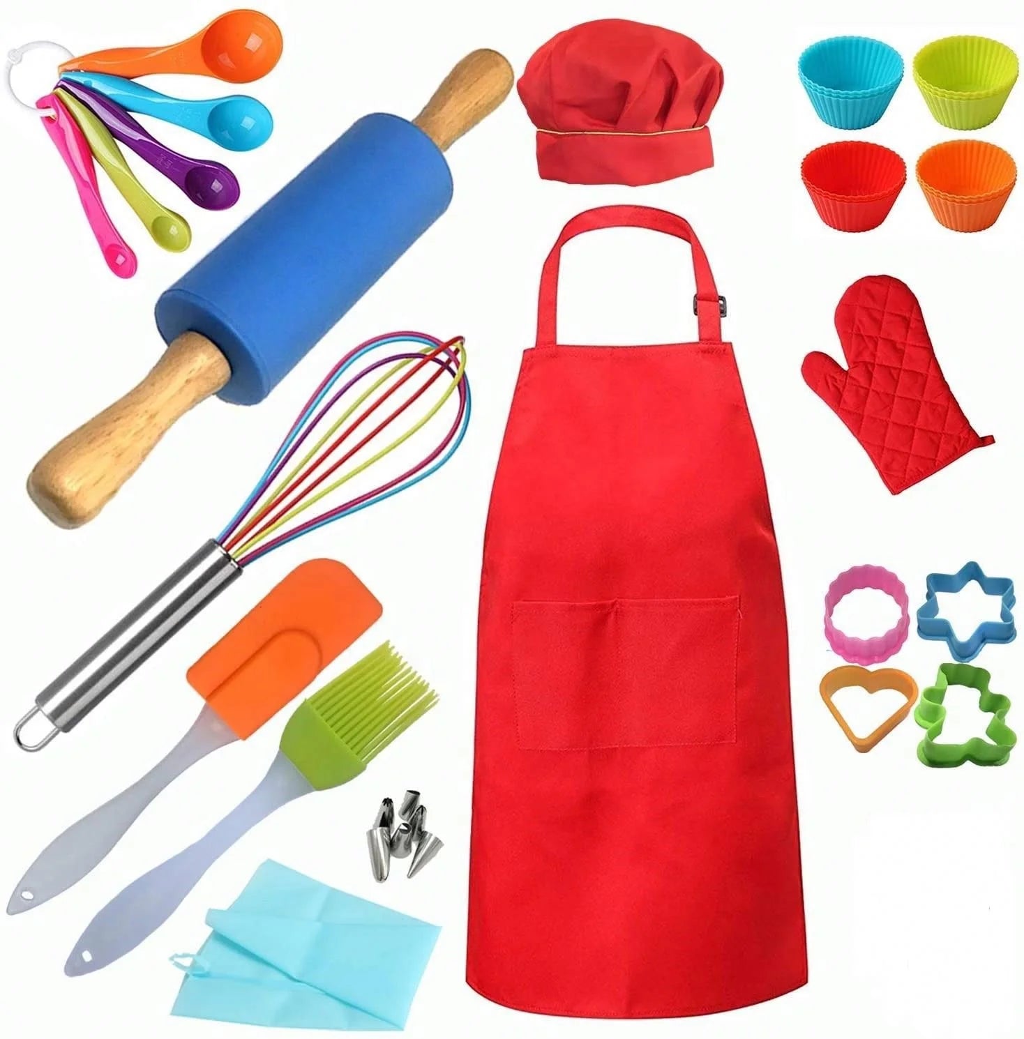 Children's Kitchen Baking Set 34pcs Apron Chef Hat Measuring Spoon Biscuit Mold Oil Brush Spatula Silicone Rolling Pin Cake Tool