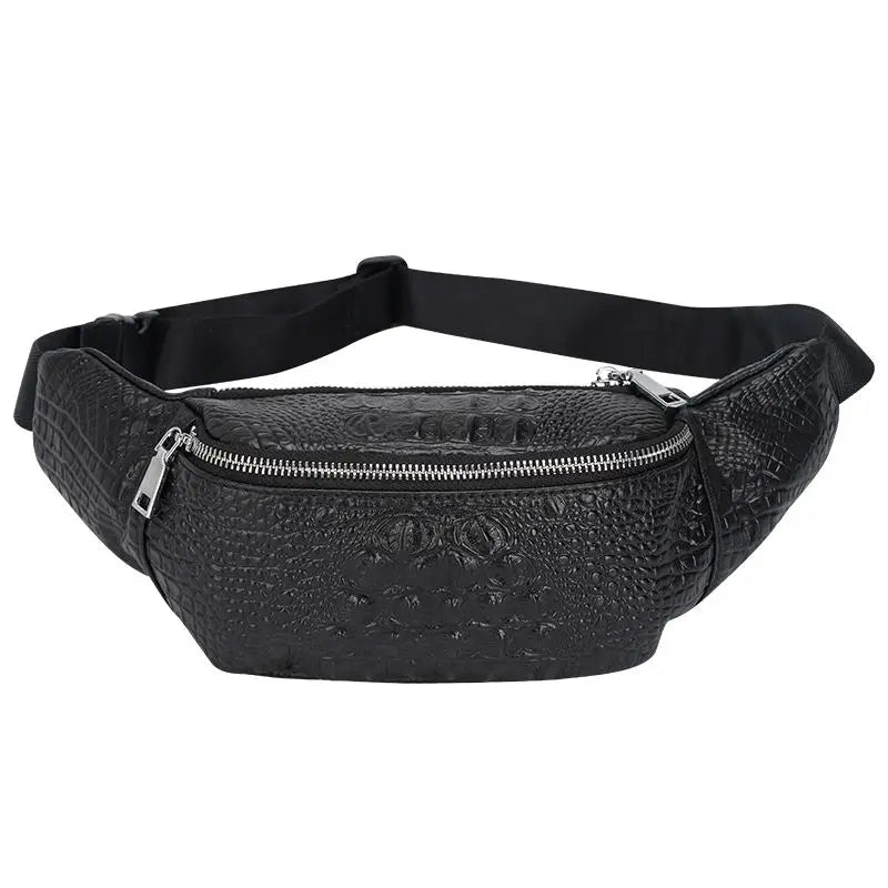 Drop Shipping OEM Stylish Custom Print Crocodile Pattern Black Genuine Cowhide Leather Fanny Pack Waist Bag