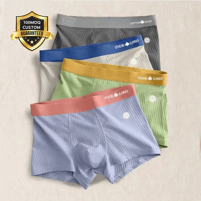Wholesale Cotton Boxer Briefs Breathable Striped  Custom Logo Elastic Waistband Calzoncillos Comfortable Underwear Men Boxers