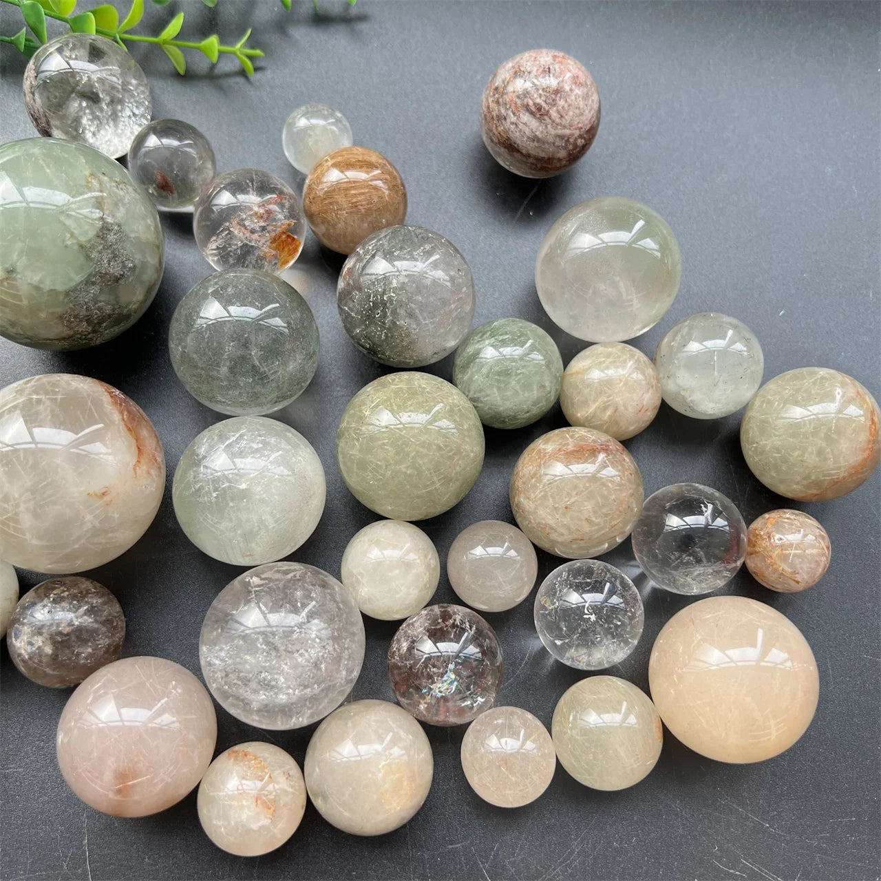 Polished Rutilated Quartz Sphere Phantom Garden Quartz Ball Mixed Natural Crystal Stone and Spirit Quartz