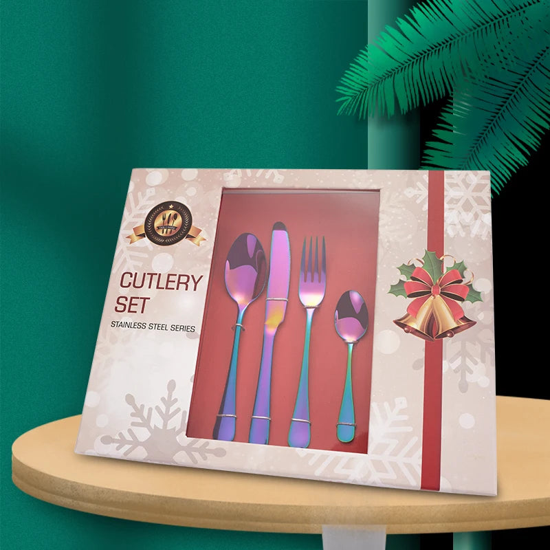 Christmas Metal Luxury Flatware Gift Case Stainless Steel 24 Piece Golden Cutlery Set with Gift Box
