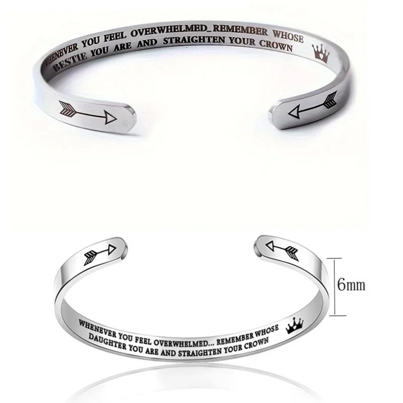 Inspirational C-Shaped Opening Titanium Steel Crown Lettering Bracelet Fashion Design Trend Jewelry Encouraging Cuff Bracelets