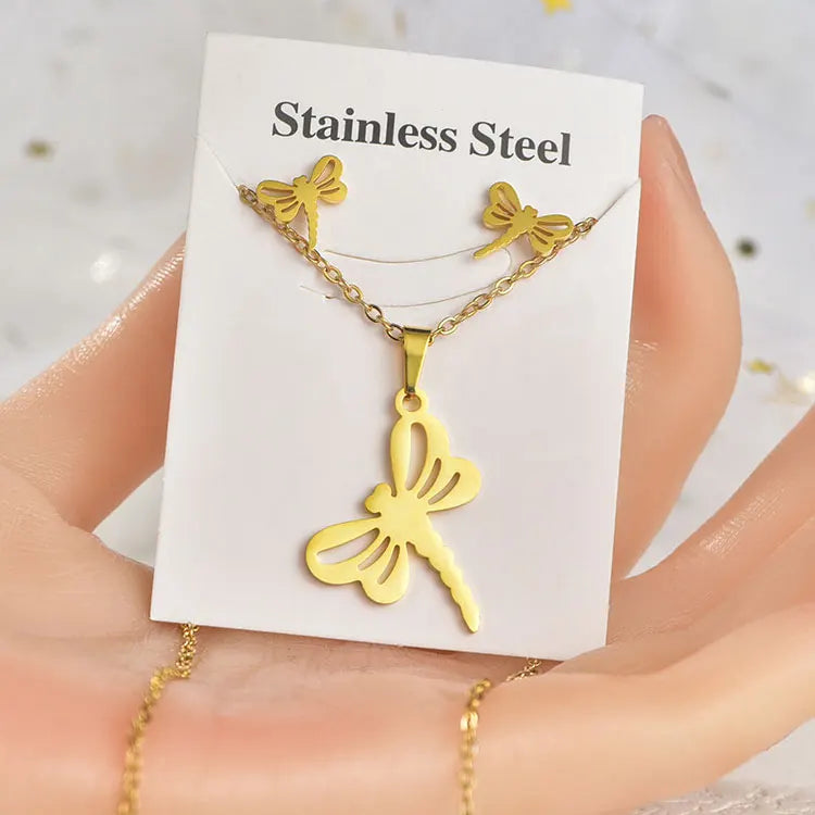 SC Wholesale 18K Gold Plated Stainless Steel Crown Dragonfly Flower Bird Star Heart Pendant Necklace Stud Earrings Set for Women