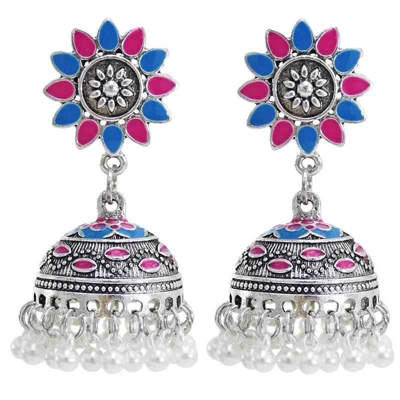 Vintage Indian Jhumka Earrings for Women Silver Colorful Flower Bells Tassel Earring Party Jewelry Gift