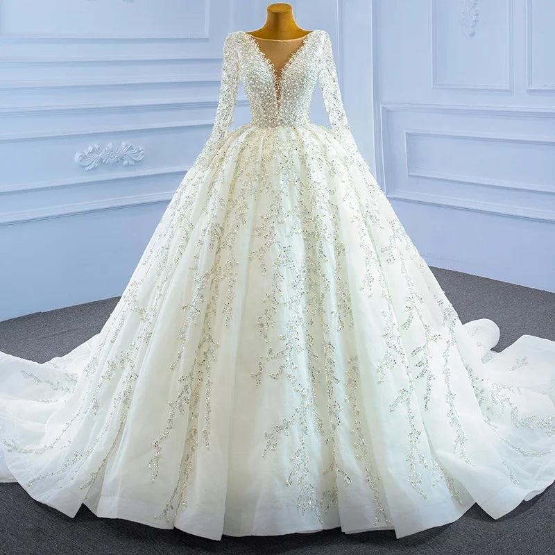Jancember RSM67260 White Lace Elegant Long Sleeve Wedding Dress Bridal Gowns
