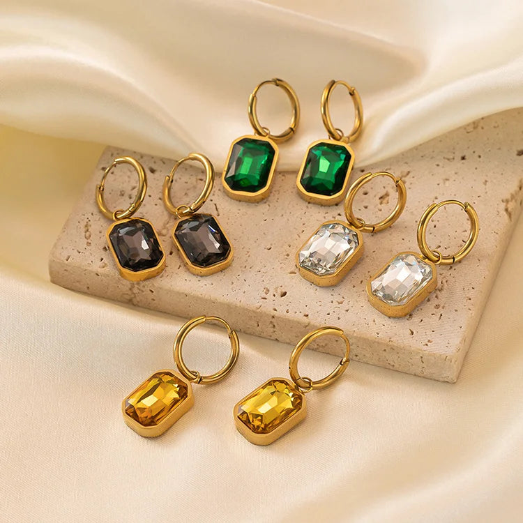 18K PVD Gold Plated Hypoallergenic Stainless Steel Trendy French Jewelry Square Zircon Pendant Drop Earring Hoop Earrings