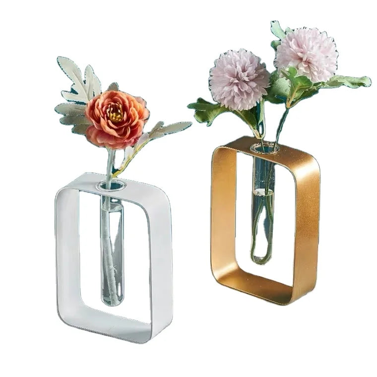 Nordic Creative Simple Glass Test Tube Hydroponic Plant Stand Iron Art Vase White Gold Finish Small Desktop Decoration Garden