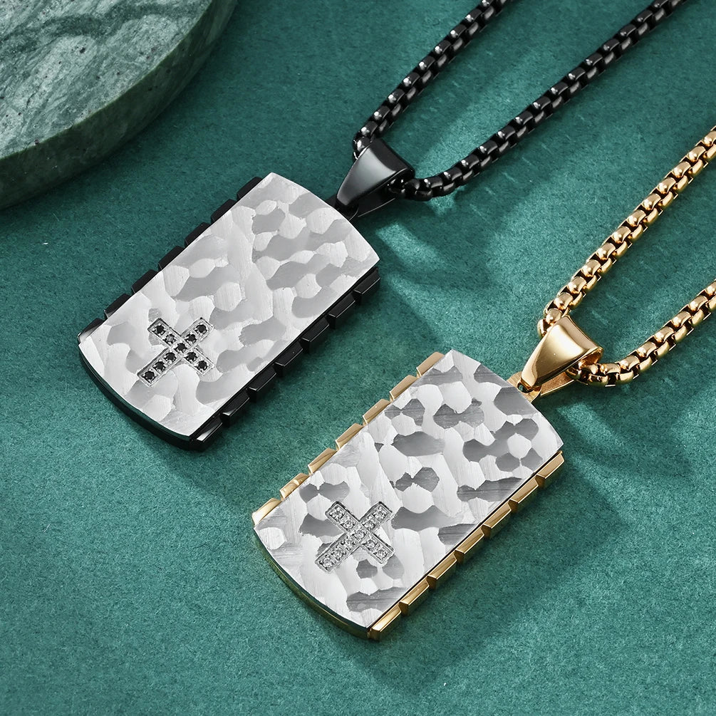 Euramerican Fashion Jewelry 316L Stainless Steel Zircon Inlay Mechanical Gear Punk Cross Dogtag Pendant Necklace Unisex
