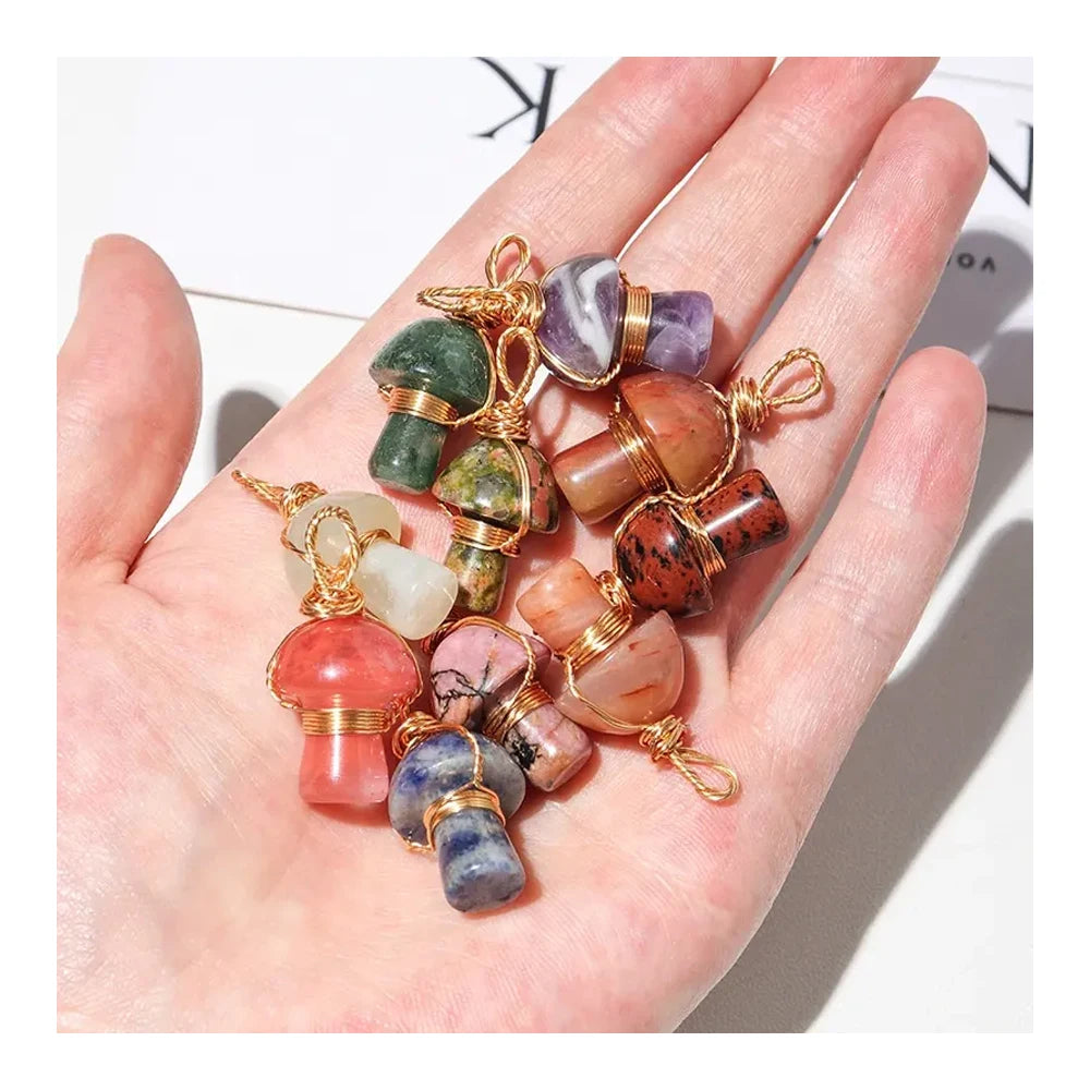 Healing Reiki Crystal Rose Quartz Mushroom Pendant Gold Plated Natural Gem Stone Charm for Women's Men's Necklace Jewelry Trendy