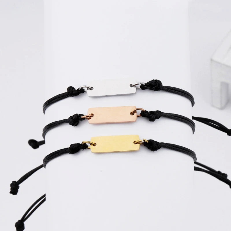 Trendy Custom Engraved Blank Bar Adjustable Bracelet Wholesale Fashion Stainless Steel Blanks Waxed Cord Adjustable Bracelet