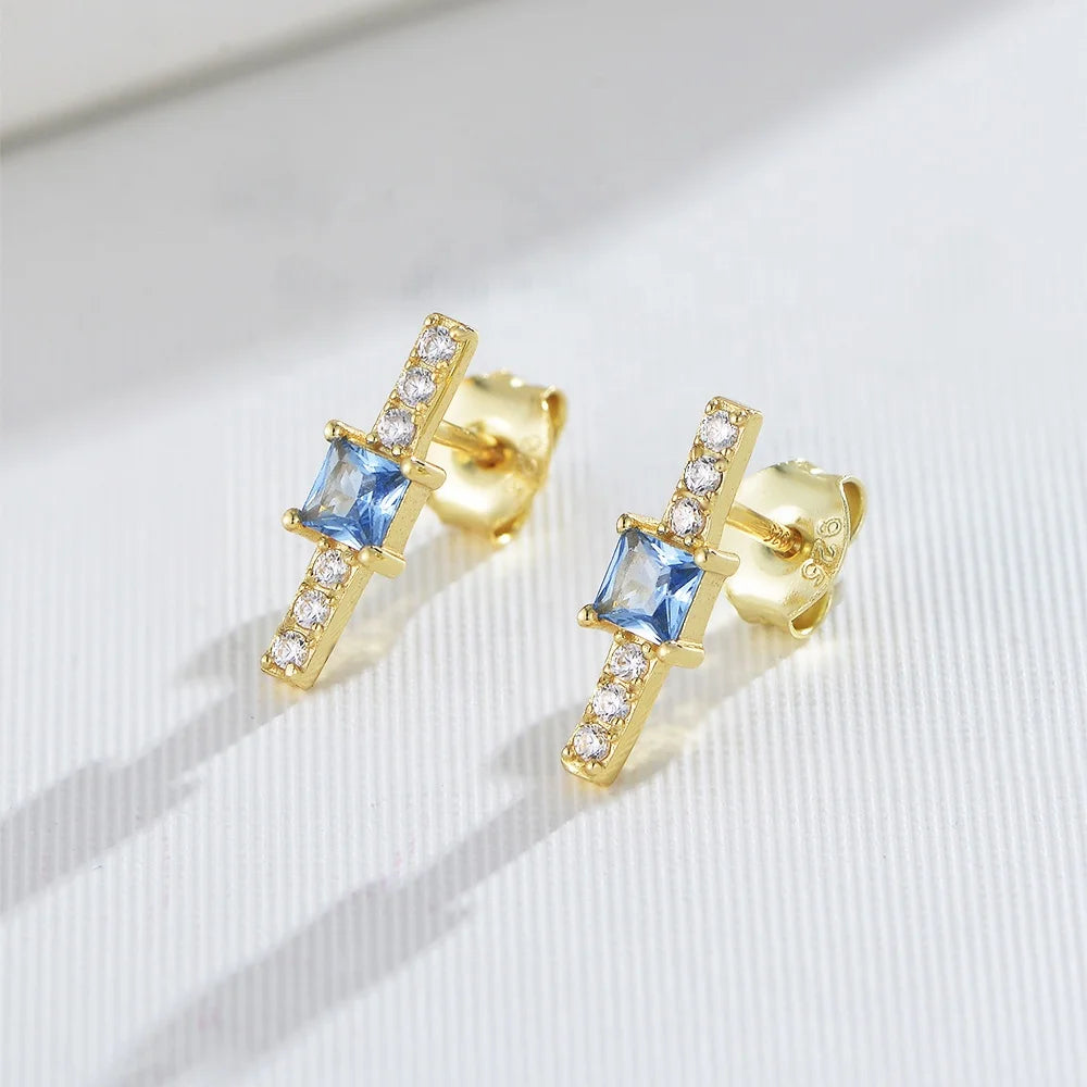 Minimalist Fashion Personalized S925 Sterling Silver Jewelry 14K Gold Plated Center Blue Square Zircon Bar Stud Earrings for Lad