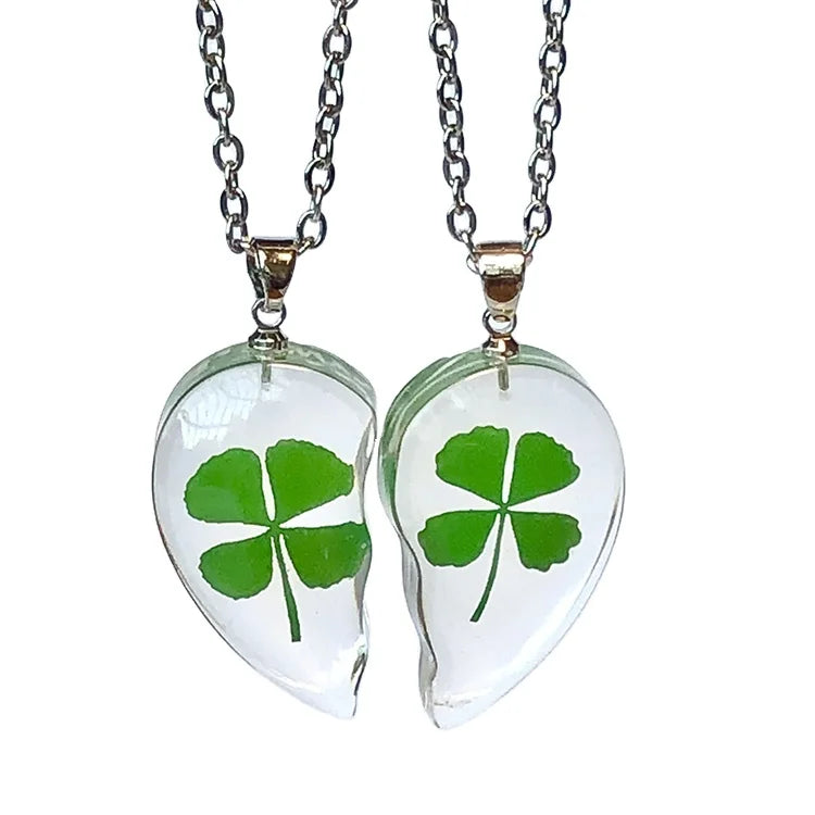 Natural Real Dried Press Clover Resin Pendant Necklace Transparent Four Leaf Clover Link Chain Necklace Souvenir Gift