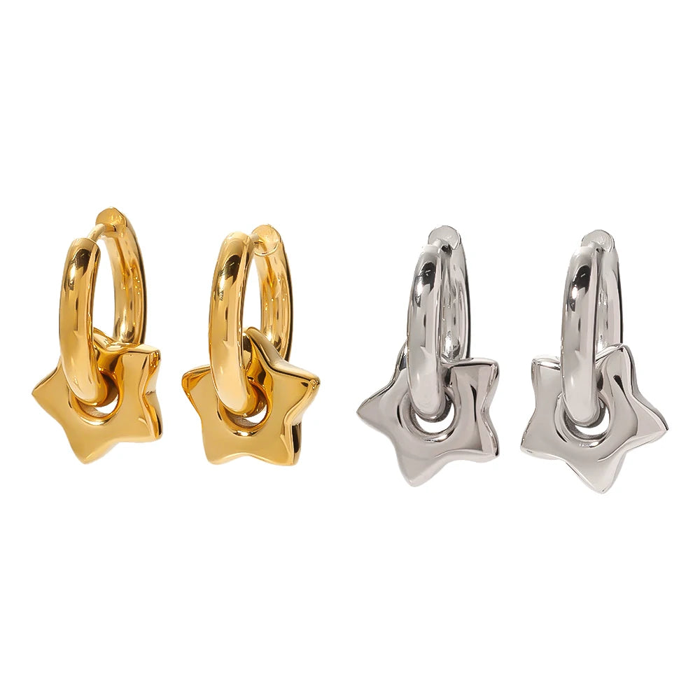 New Titanium Steel Non Tarnish Fashion Jewelry Star Pendant Circle Hoop Earrings for Women