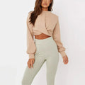 New Arrival Beige Twist Front Knot Long Sleeve Crop Sweatshirt Slim Fit Stretchy Casual Streetwear Hoodie Women