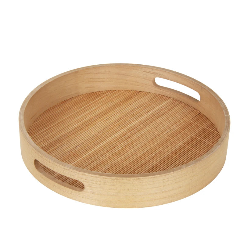 Jinnhome Wholesale Custom Solid Wood and Natural Fiber Non-Slip Surface Round Wooden Breakfast Serving Tray With Handles