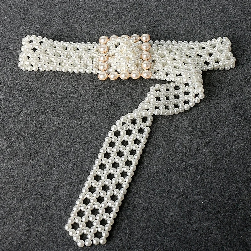 Fashion Ladies Beaded Belt 5CM Extra Wide Pearl Waist Seal Decorative Accessories