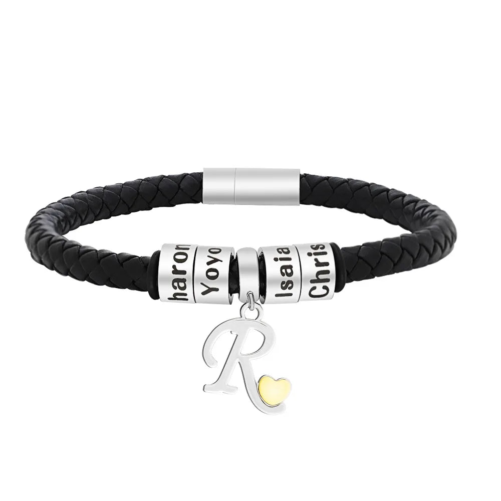 Bracelet Pulseira Black Leather Mens Bracelet 26 Initial Letter Charm Stainless Steel Custom Bracelet Wholesale