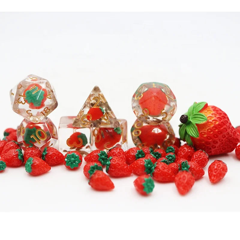RPG Custom Polyhedral DND Resin Strawberry Inclusion Dice Set 16mm Size