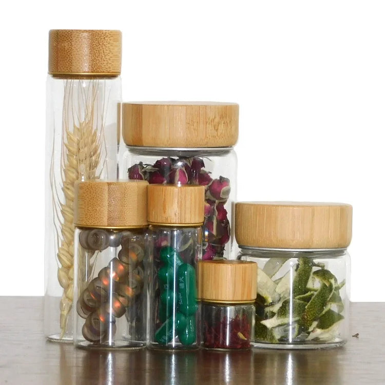 Small Glass Bottle 10ml 20ml 30ml 50ml Borosilicate Clear Tube Bottle Glass Bamboo Screw Lid Glass Bottle