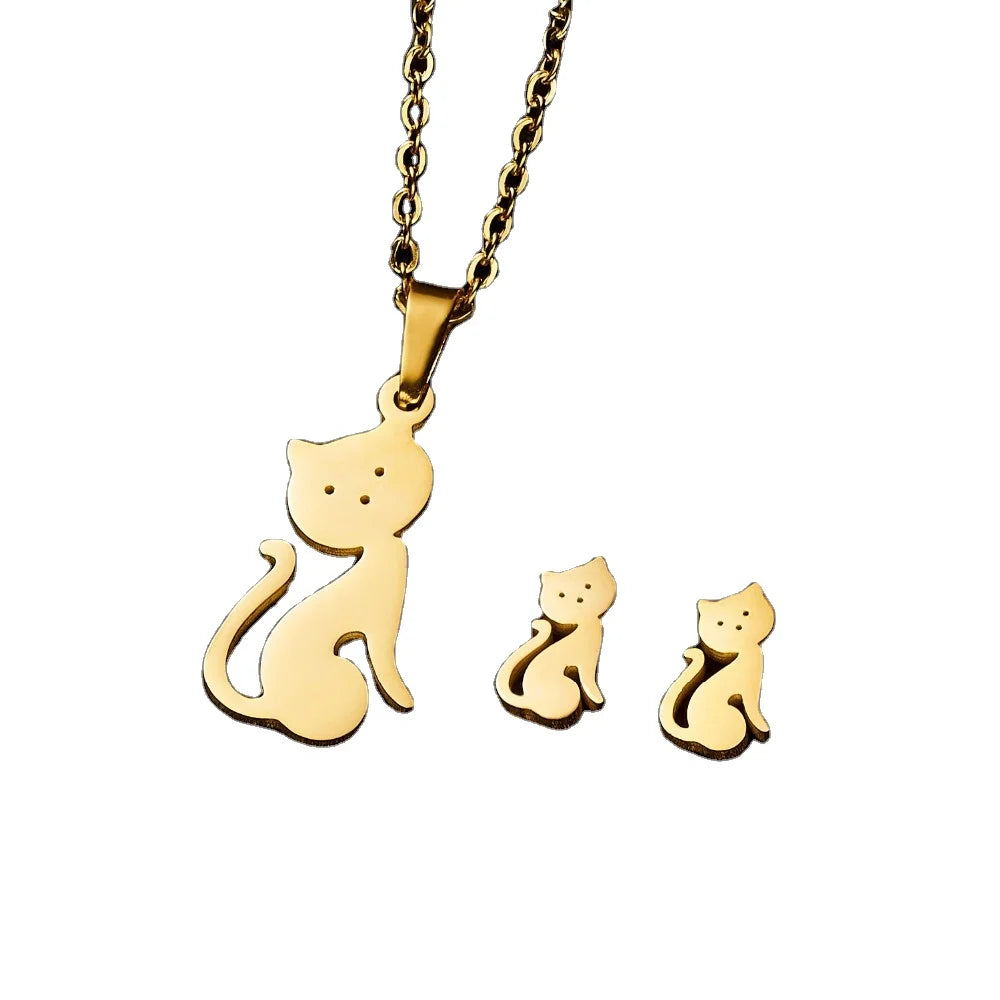 Wholesale Stainless Steel Animal Pendant Necklace Earrings Set Cute Cat Jewelry Set for Women Best Friends