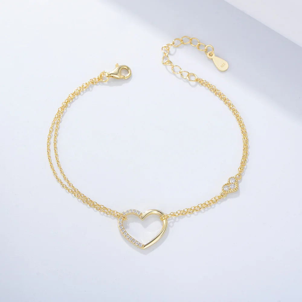 Fashion Jewelry 925 Sterling Silver Heart Bracelet Hollow Heart Zircon Double Chain Gold Plated Bracelets for Women