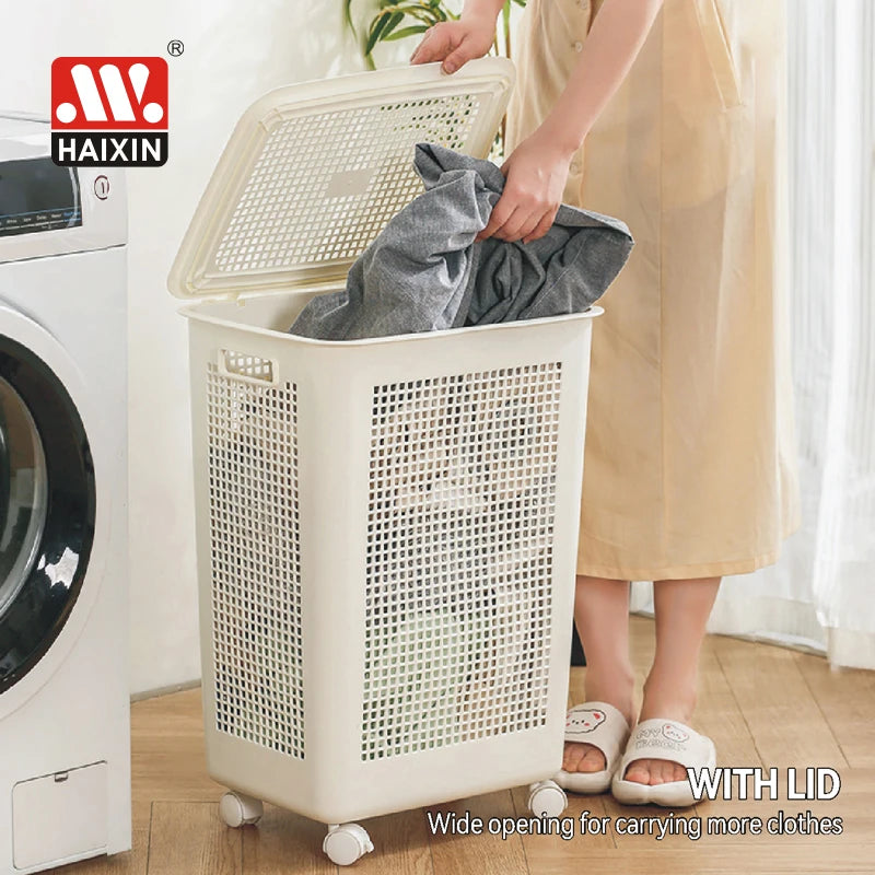 60L Plastic Slim Ventilated Laundry Hamper with Lid Laundry Organizer with Handle Dirty Clothes Storage Basket with Wheels