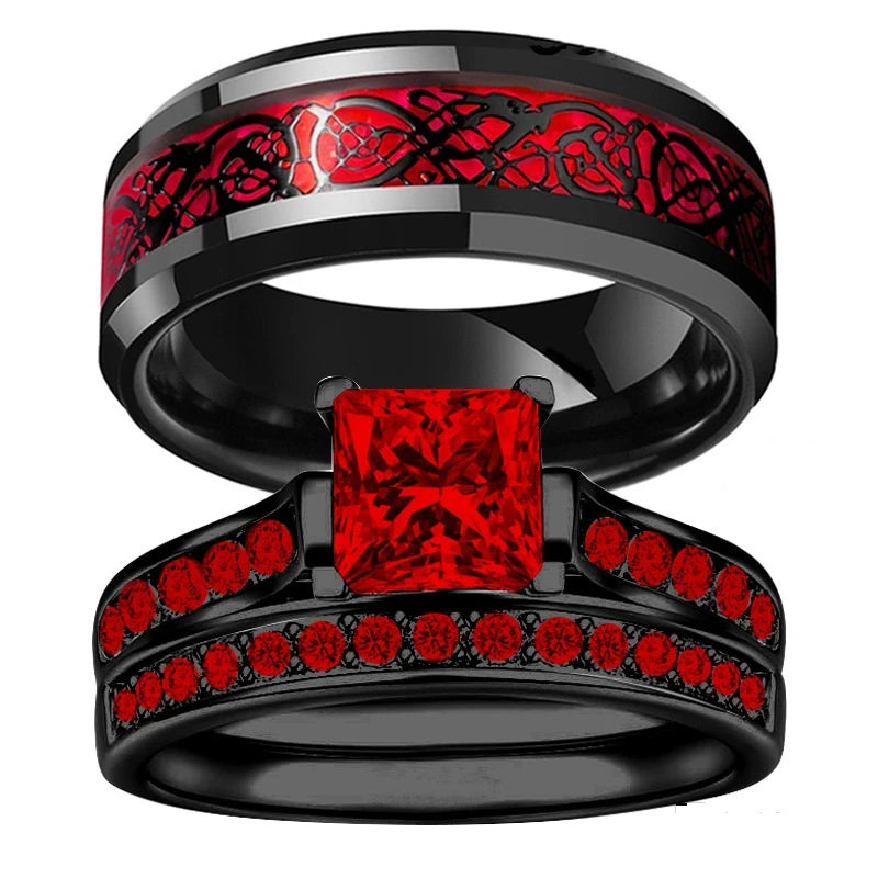 Romantic Couple Rings Punk Dragon Pattern Men's Rings Beautiful Ruby Women's Rings for Women Men