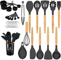 33-Piece Nonstick Food Grade Silicone Wood Handle Kitchen Utensils Set Baking Tools Dishwasher Safe Box