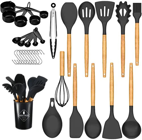 33-Piece Nonstick Food Grade Silicone Wood Handle Kitchen Utensils Set Baking Tools Dishwasher Safe Box