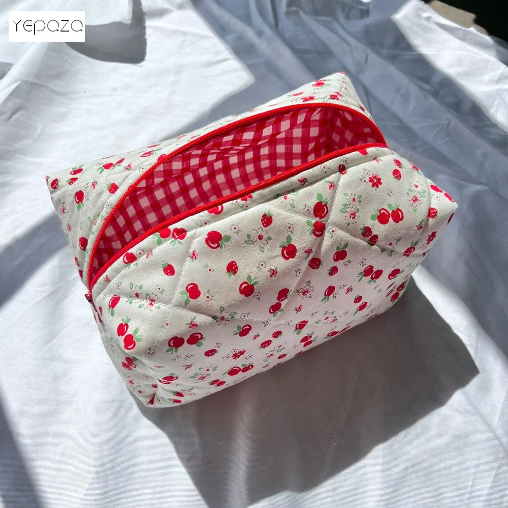 Large Size Toiletry Bag Custom Small Cherry Print Recycled Quilted Makeup Organizer Bag