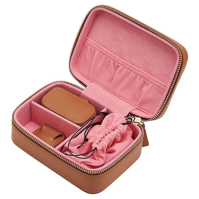 Custom Logo Mini Brown Waterproof Leather Zipper Closure Jewelry Box for Travel Storage Cosmetic